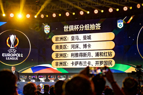 世俱杯抽签仪式现场大屏幕显示分组结果